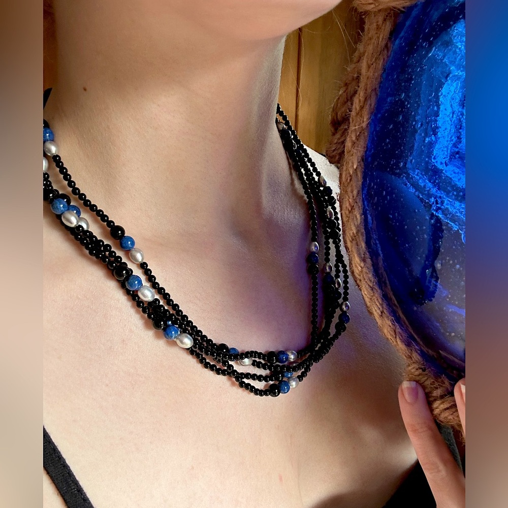 Multi-strand gemstone pearl necklace